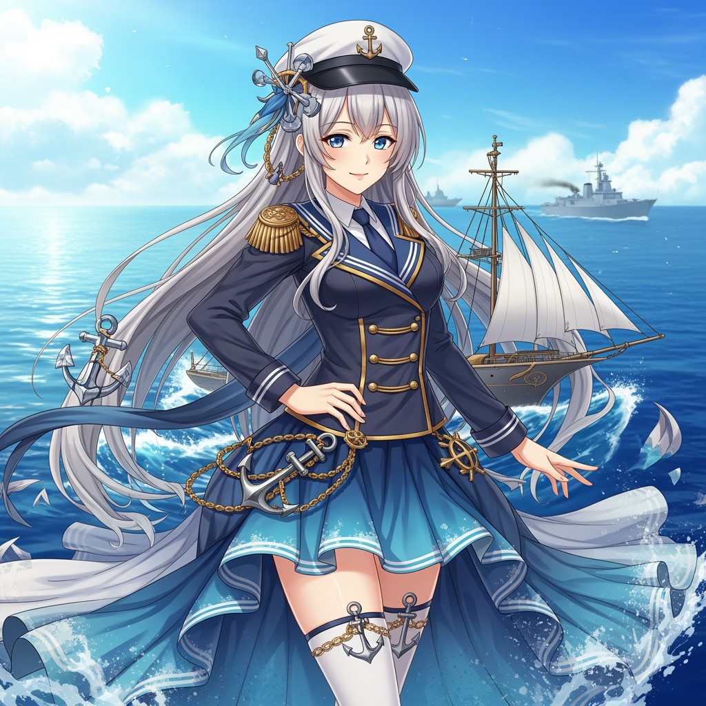 A stunning ship girl version of PNS Zulfiquar, featuring a beautifully designed character with long flowing hair adorned with nautical elements