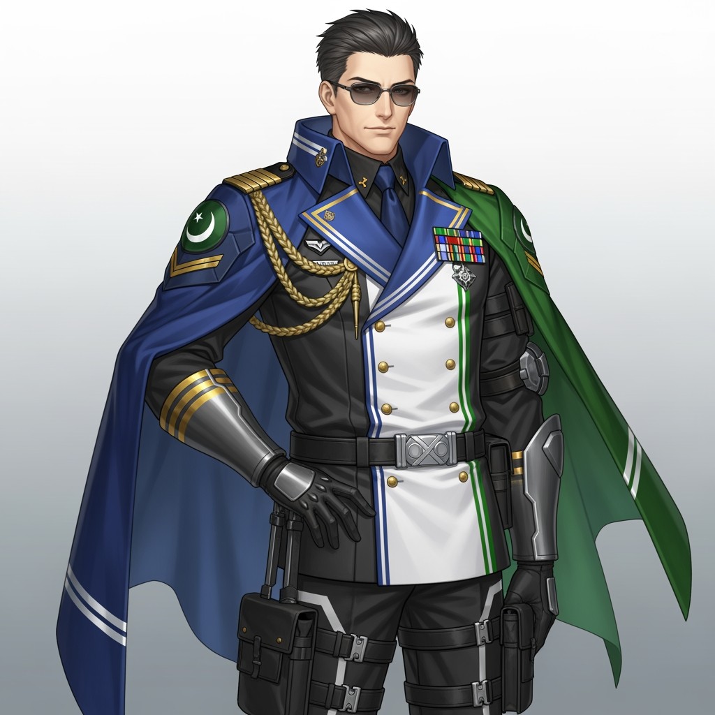A male character inspired by the Azur Lane series, showcasing a stylish, sleek, modern military aesthetic combined with cultural elements