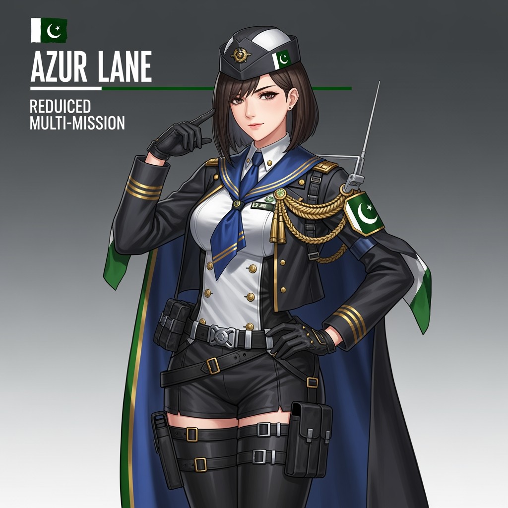 A character inspired by the Azur Lane series, designed as a female with a striking blend of stealthy modern military aesthetics and cultural influences