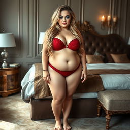 A full-length, head-to-toe photographic image of a very beautiful, pleasantly plump 21 year old woman with a soft fat padded body, exuding a seductively innocent charm