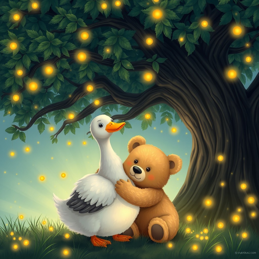 A charming scene featuring a goose and a bear hugging tenderly under a large, beautifully detailed tree