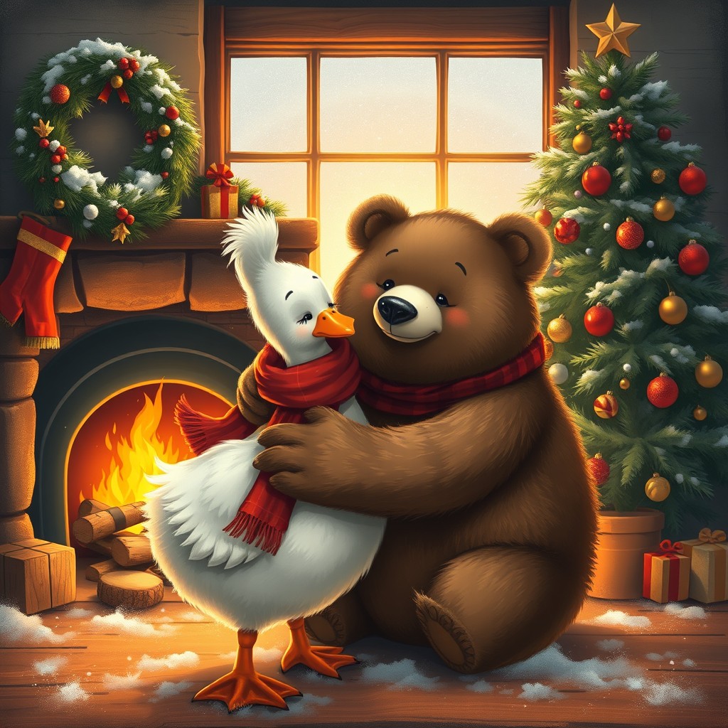 A cozy winter scene featuring a goose and a bear hugging affectionately in front of a crackling fireplace