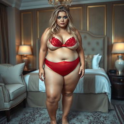 A full-length, head-to-toe photographic image of a very beautiful, pudgy plump 21 year old woman with a seductively innocent expression