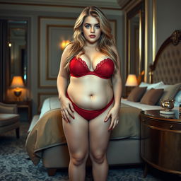 A full-length, head-to-toe photographic image of a very beautiful, pudgy plump 21 year old woman with a seductively innocent aura