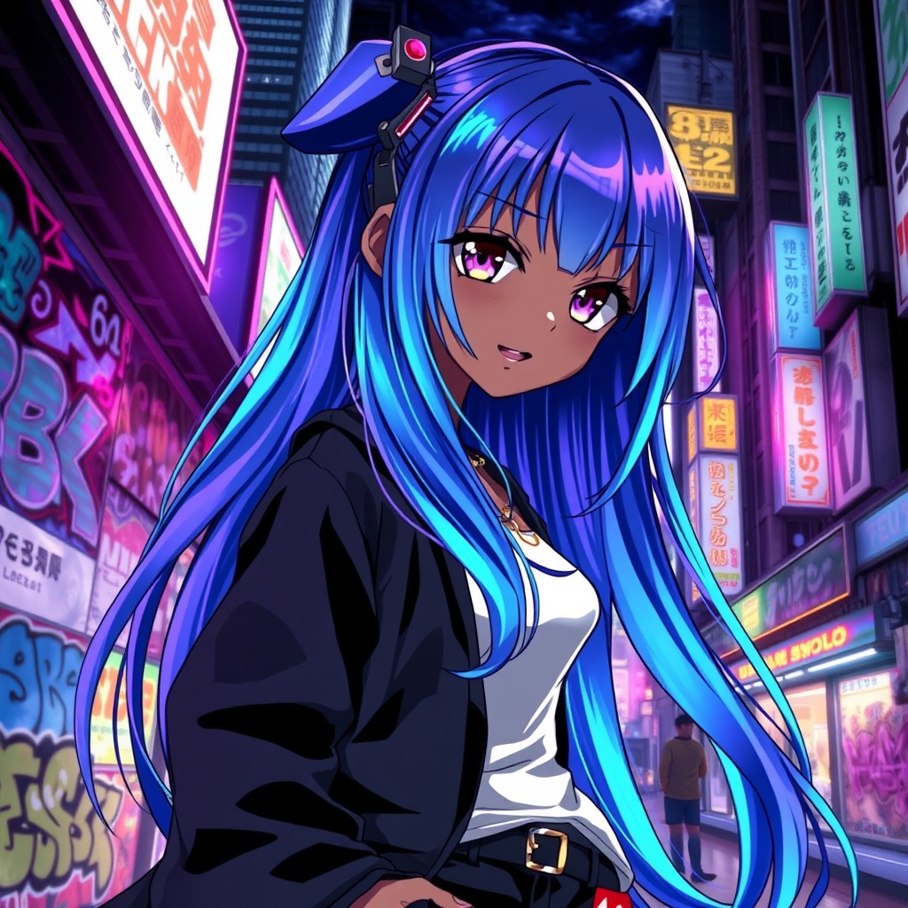 A stunning black anime girl with long, flowing hair that shimmer in vibrant shades of blue and purple