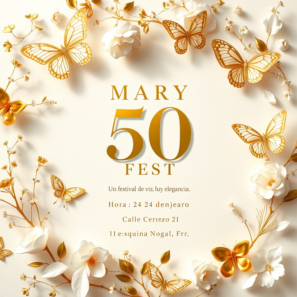 A luxurious 50th birthday invitation design featuring a festival aesthetic, dominated by white, ivory, and metallic gold tones