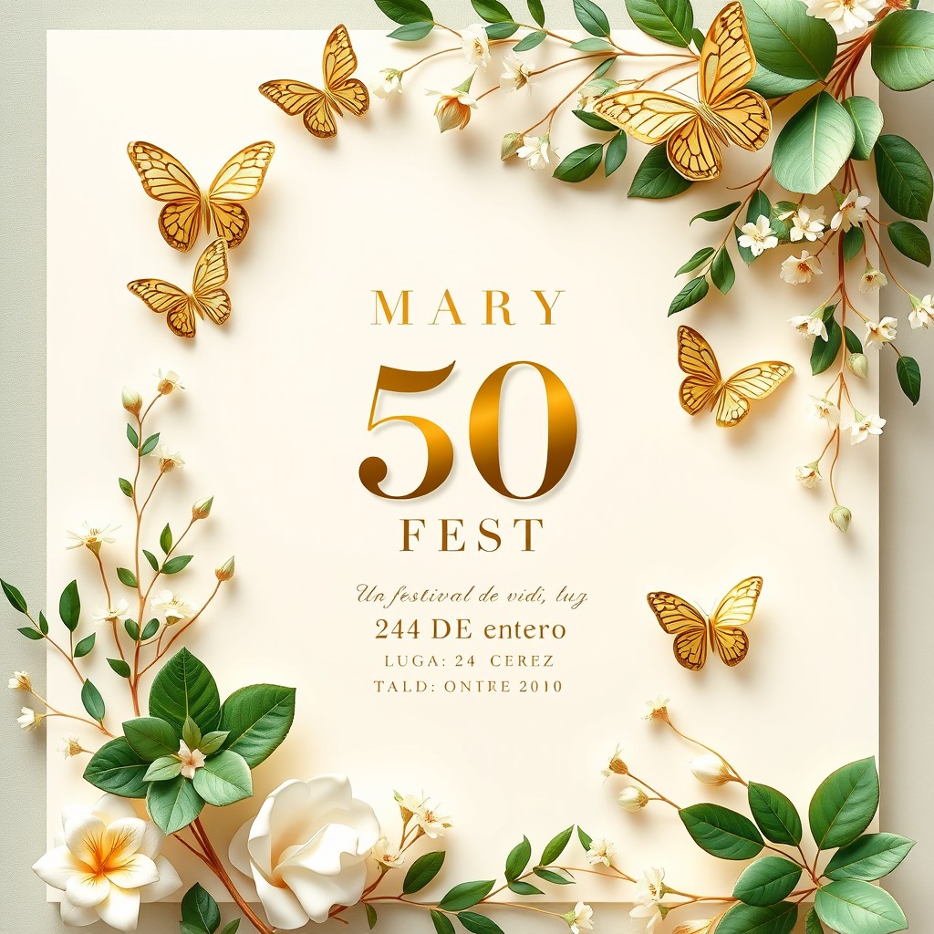 A luxurious 50th birthday invitation design featuring a festival aesthetic, predominantly showcasing white, ivory, and elegant shades of green alongside metallic gold tones