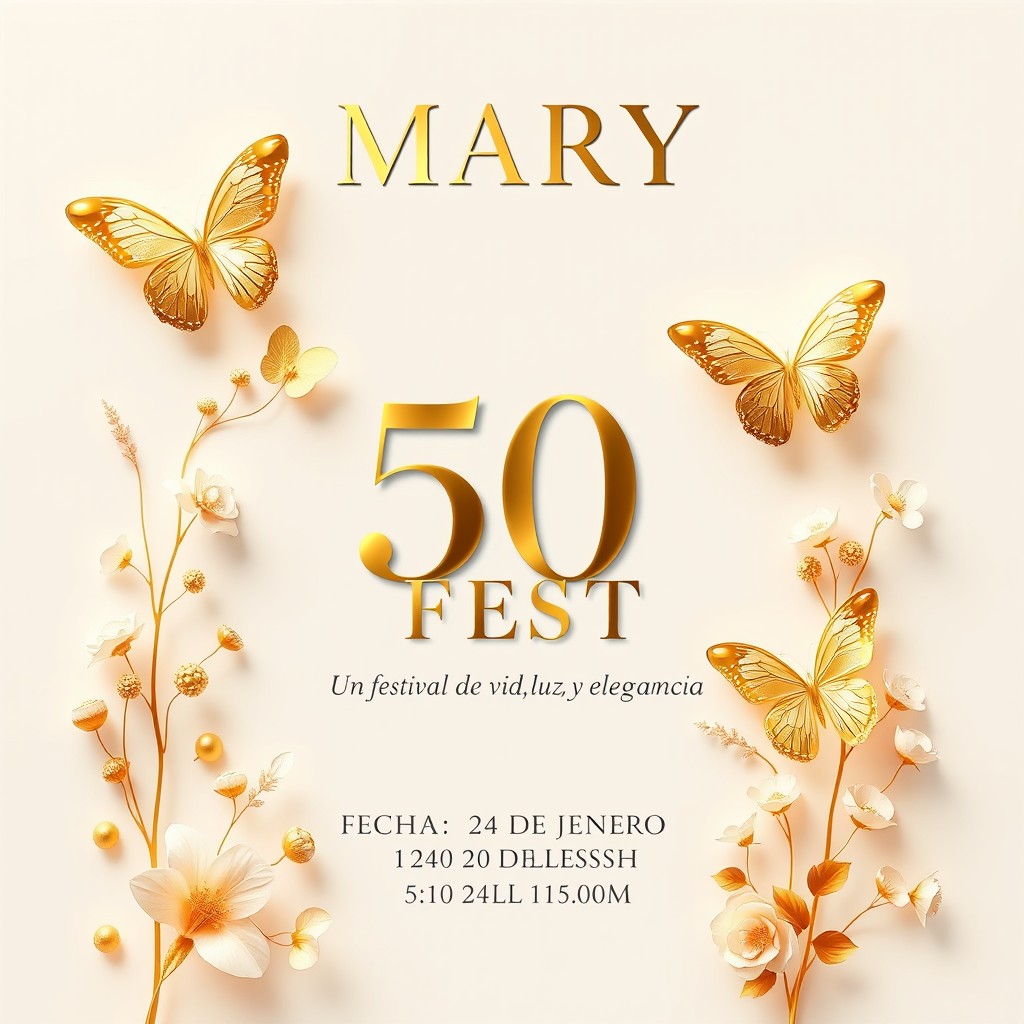 A beautifully designed flyer for a luxury glam festival named '50 Fest', featuring the name 'Mary' prominently displayed at the top