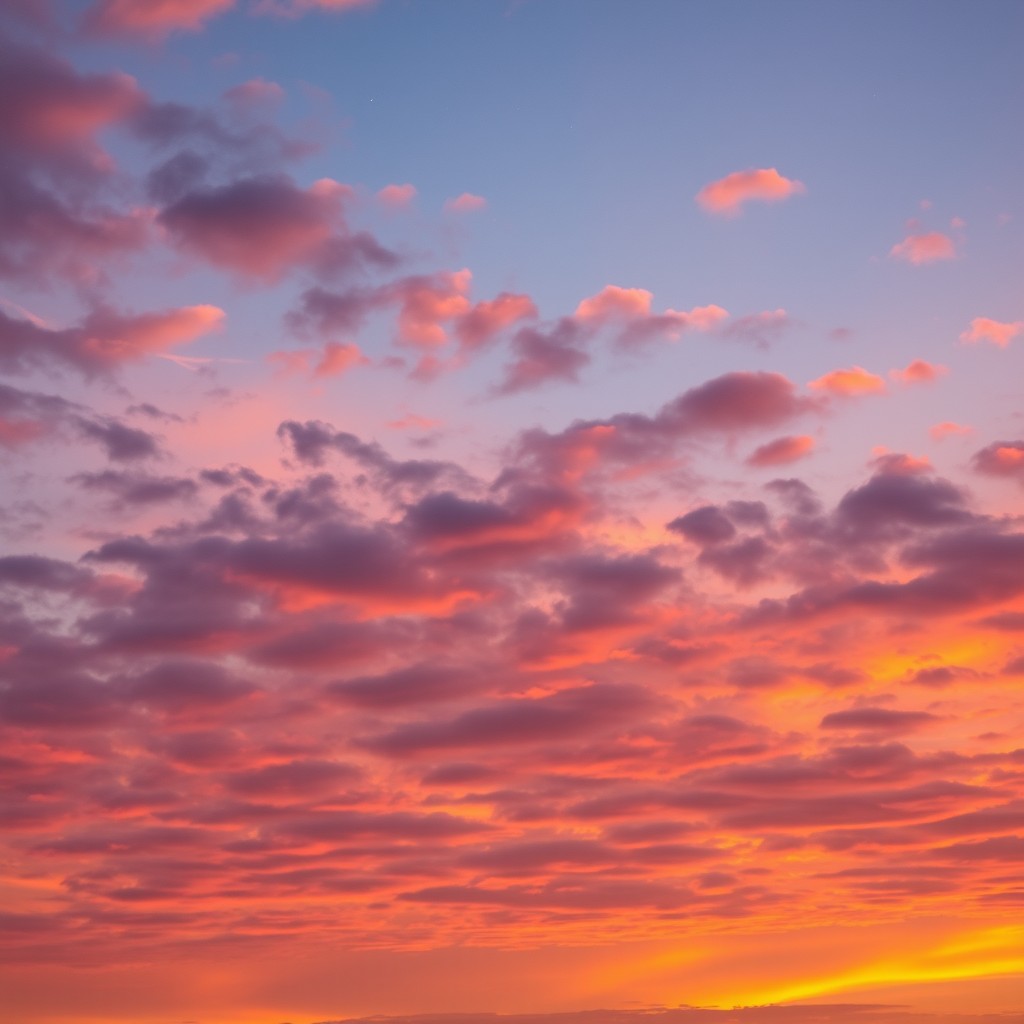 A breathtaking view of the sky during sunset, showcasing vibrant colors such as deep oranges, rich pinks, and soft purples blending together, scattered clouds illuminated by the fading sunlight, with a hint of stars beginning to appear as twilight sets in