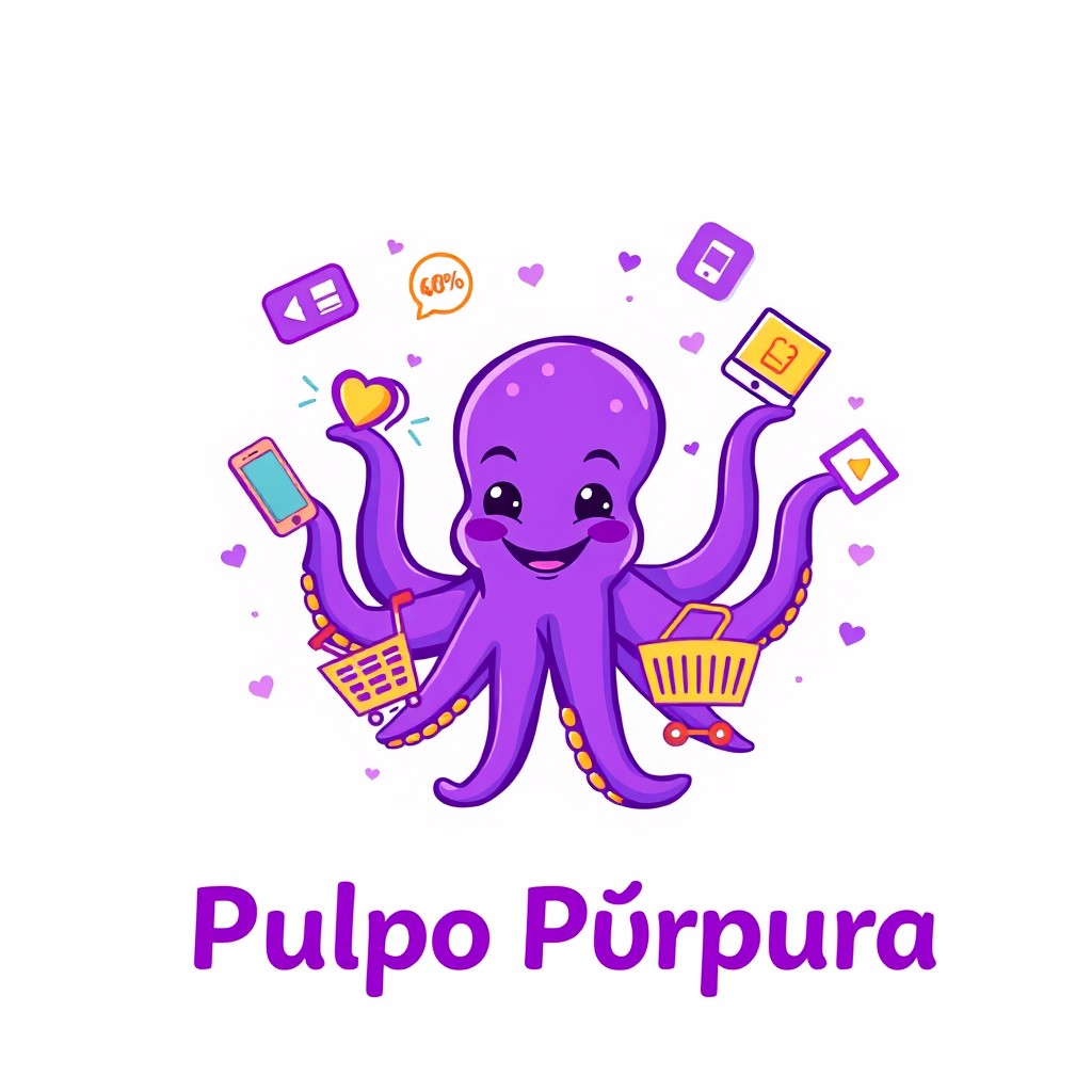 A vibrant and eye-catching profile image for a virtual marketplace named 'Pulpo Púrpura'