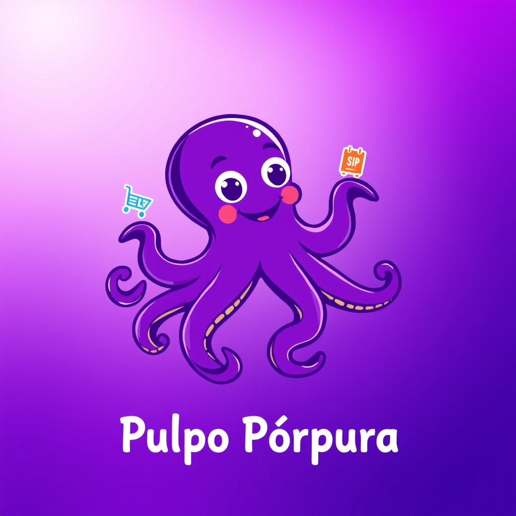 A vibrant and eye-catching profile image designed for a virtual marketplace called 'Pulpo Púrpura'