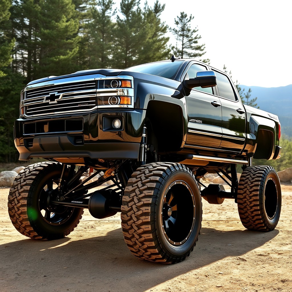 A lifted Chevy truck, showcasing its impressive height and rugged design