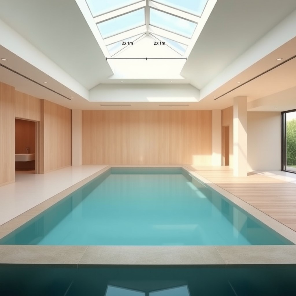 A spacious indoor room that is 6 meters wide and 8 meters long, featuring an inviting pool that is 3 meters wide on the left side, with a stylish decking area on the right