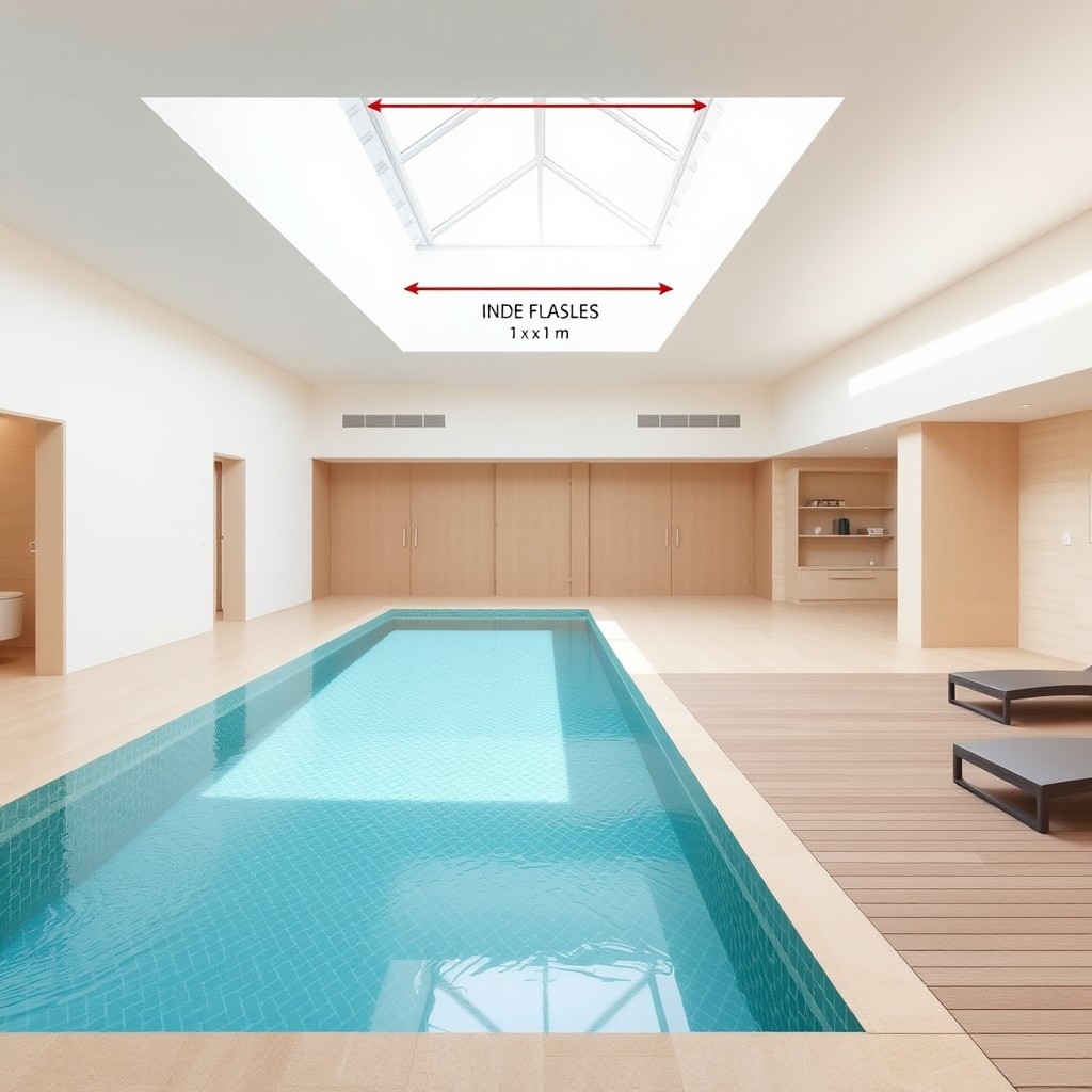 A spacious indoor room that is 6 meters wide and 8 meters long, featuring an inviting pool that is 3 meters wide, positioned against the left wall