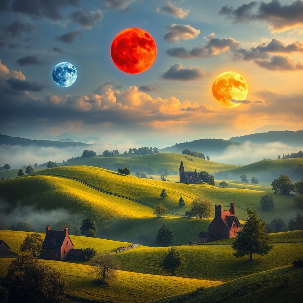 A magical medieval countryside landscape with rolling green hills and quaint cottages