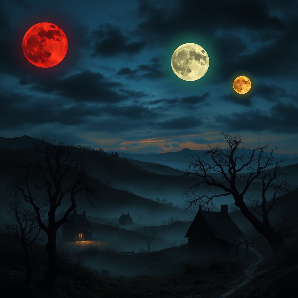 A dark and foreboding medieval countryside at twilight, filled with ominous shadows creeping across the landscape