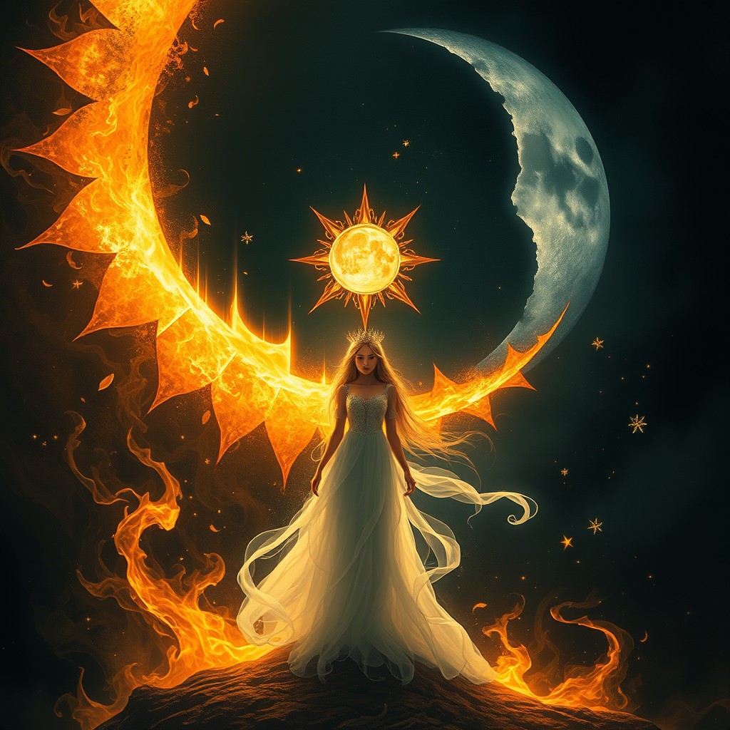 An ethereal young princess stands at the center, caught between the golden light of a fractured sun and the deep shadow of a silver moon