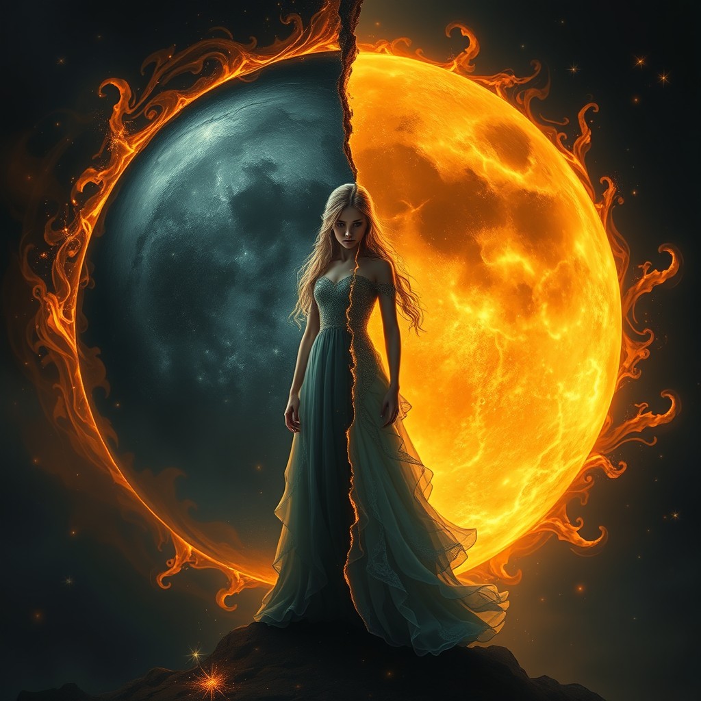 An ethereal young princess stands at the center, divided between the golden light of a fractured sun and the deep shadow of a silver moon