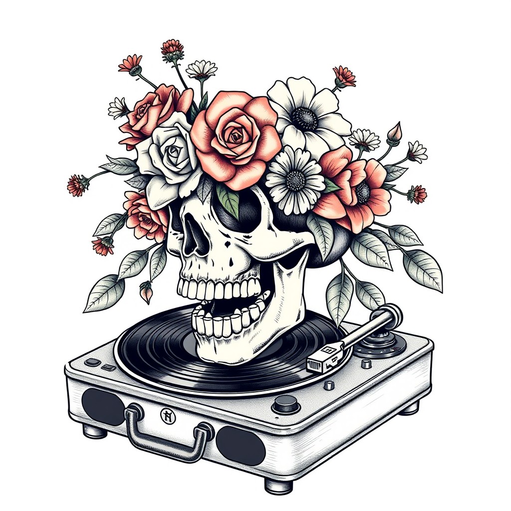 A detailed tattoo illustration of a vintage record player with a beautifully decorated skull perched on top