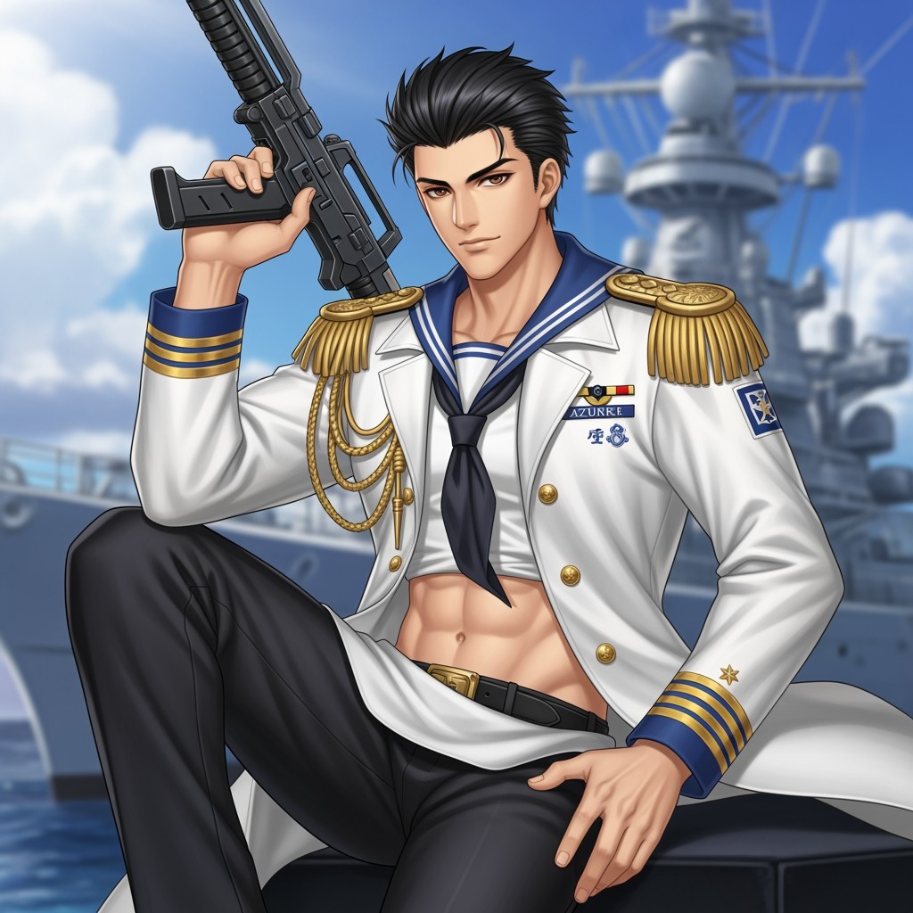 A male character inspired by the Commander from Azur Lane, showcasing alluring South Asian charm