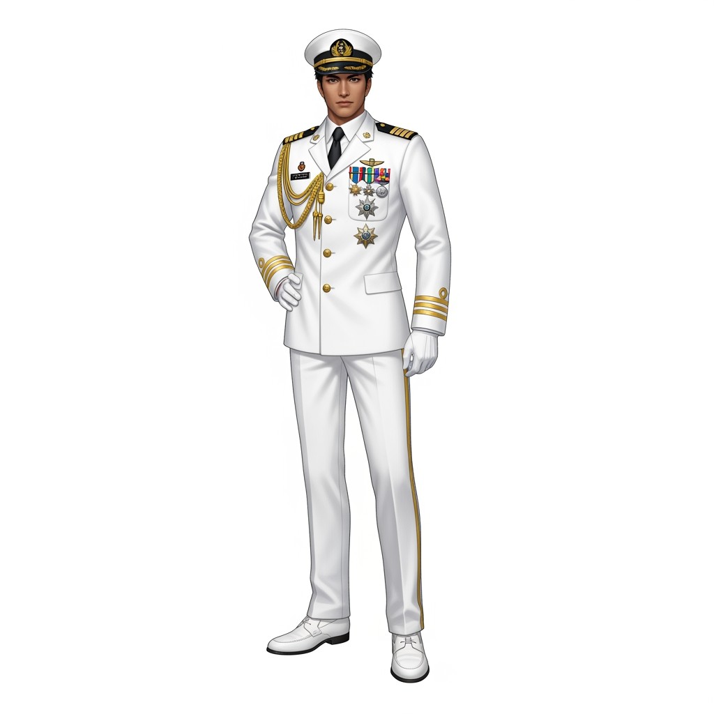 A male character inspired by the Commander from Azur Lane, exuding South Asian charm with a stoic expression
