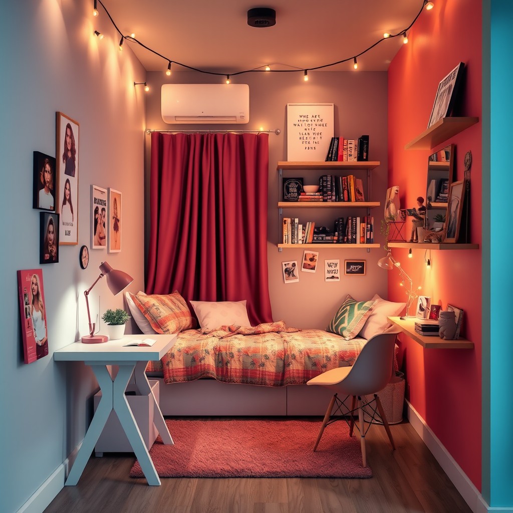 A cozy and stylish teenage girl’s room designed in a small space, featuring a stylish bed with colorful bedding, a chic study desk with decorative items and stationery, a comfortable chair for reading, and a wall-mounted shelf filled with books and plants