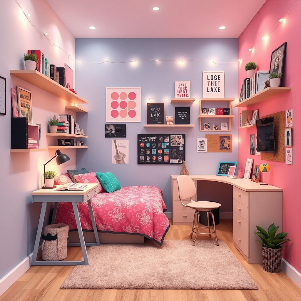 A cozy and stylish teenage girl’s room designed in a small space with only one lateral wall and a back wall, showcasing a stylish bed against the back wall with colorful bedding