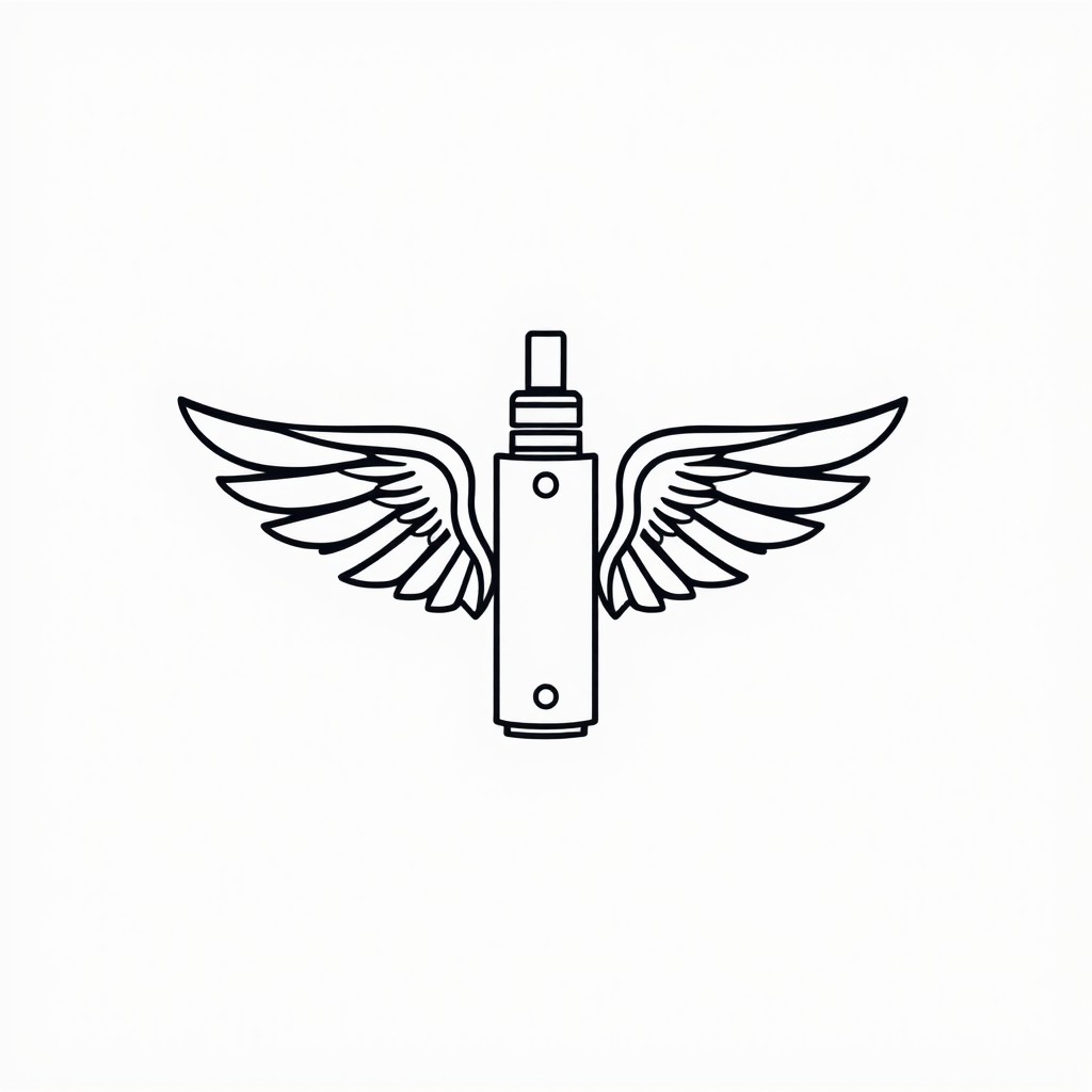 A modern minimalist logo design incorporating the elements of a vape and wings, depicted in a sleek and clean line art style
