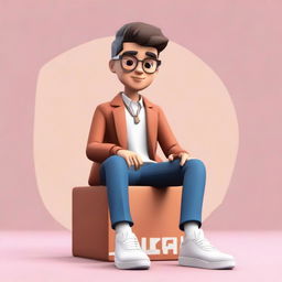 A 3D character of a stylish boy, sitting atop an Instagram logo, dressed in formal attire - a coat, shirt, chinos, and sneakers. The background is a social media profile page with the username 'SAIKRISH' and a coherent profile picture.