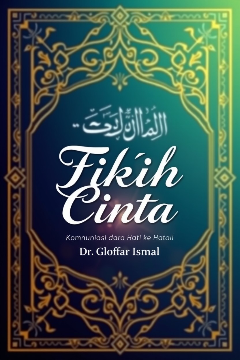 A beautifully designed book cover for a fictional Islamic book titled 'Fikih Cinta: 7 Gerbang Ilahi, Komunikasi dari Hati ke Hati' by Dr