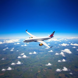 An awe-inspiring scene of a modern commercial airplane soaring high in a clear blue sky, its wings glistening against the sunlight