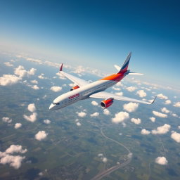An awe-inspiring scene of a modern commercial airplane soaring high in a clear blue sky, its wings glistening against the sunlight