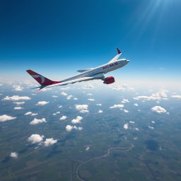 An awe-inspiring scene of a modern commercial airplane soaring high in a clear blue sky, its wings glistening against the sunlight