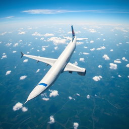 An awe-inspiring scene of a modern commercial airplane soaring high in a clear blue sky, its wings glistening against the sunlight
