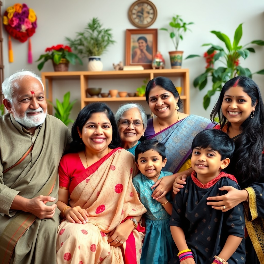 A warm and joyful Indian family portrait, featuring a diverse group of family members including grandparents, parents, and children, dressed in traditional Indian clothing such as saris and kurtas