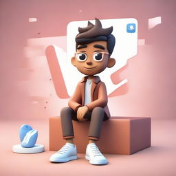 A 3D character of a stylish boy, sitting atop an Instagram logo, dressed in formal attire - a coat, shirt, chinos, and sneakers. The background is a social media profile page with the username 'SAIKRISH' and a coherent profile picture.