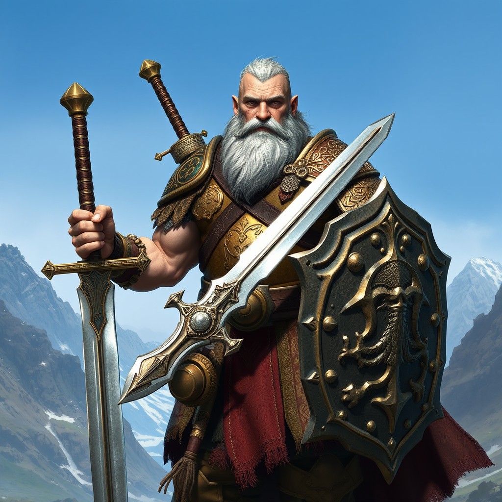 A dwarven paladin with graying hair and brown eyes stands heroically