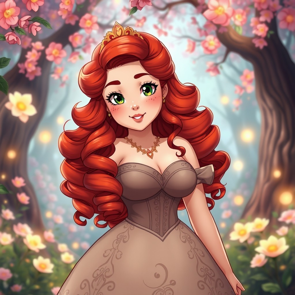 A beautiful plus-size anime princess with vibrant red curly hair cascading down her shoulders