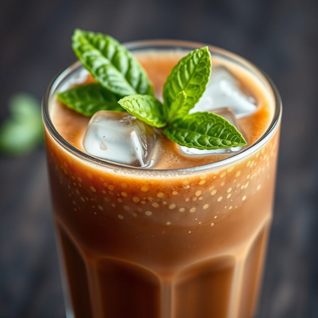 A smooth, homogeneous tobacco brown thick juice with tiny basil seeds evenly suspended throughout