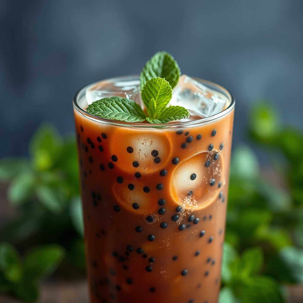 A smooth, homogeneous tobacco brown juice featuring tiny black seeds suspended throughout, lending a unique texture