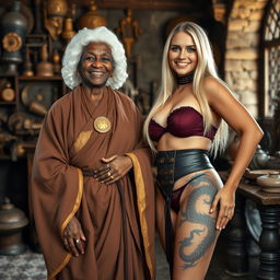 In a medieval room filled with various relics, there is a joyful black African woman, 90 years old and petite, wearing a white colonial judge wig