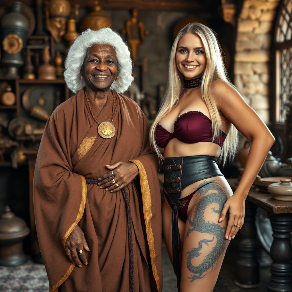 In a medieval room filled with various relics, there is a joyful black African woman, 90 years old and petite, wearing a white colonial judge wig