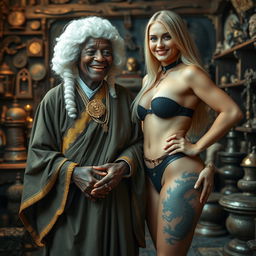 In a medieval room filled with various relics, there is a joyful black African woman, 90 years old and petite, wearing a white colonial judge wig