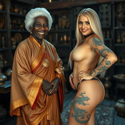 In a medieval room filled with various relics, there is a joyful black African woman, 90 years old and petite, wearing a white colonial judge wig