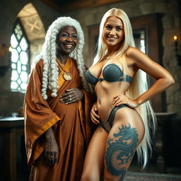 In a medieval room, an African woman of 90 years, petite and appearing frail, wearing a white colonial judge wig from the 18th century, smiling joyfully