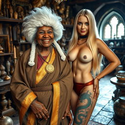 In a medieval room filled with various relics, a 90-year-old African woman, undernourished and short, beams with joy as she wears a white 18th-century colonial judge's wig