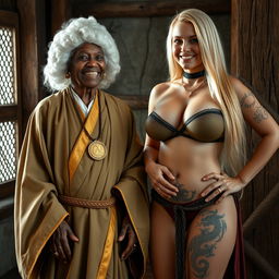 In a medieval room, a joyful 90-year-old short African woman, appearing undernourished, smiles brightly