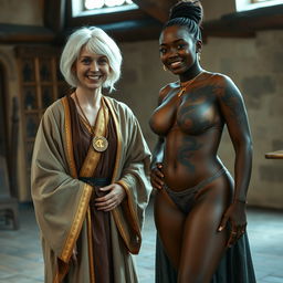 In a medieval room, a scene is portrayed featuring a 40-year-old German woman, who is petite and appears malnourished, smiling joyfully