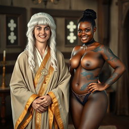 In a medieval room, a scene is portrayed featuring a 40-year-old German woman, who is petite and appears malnourished, smiling joyfully