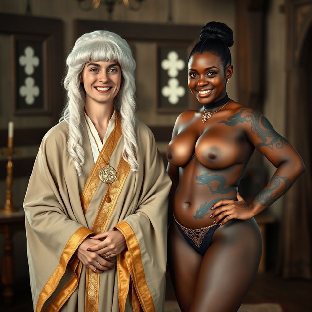 In a medieval room, a scene is portrayed featuring a 40-year-old German woman, who is petite and appears malnourished, smiling joyfully